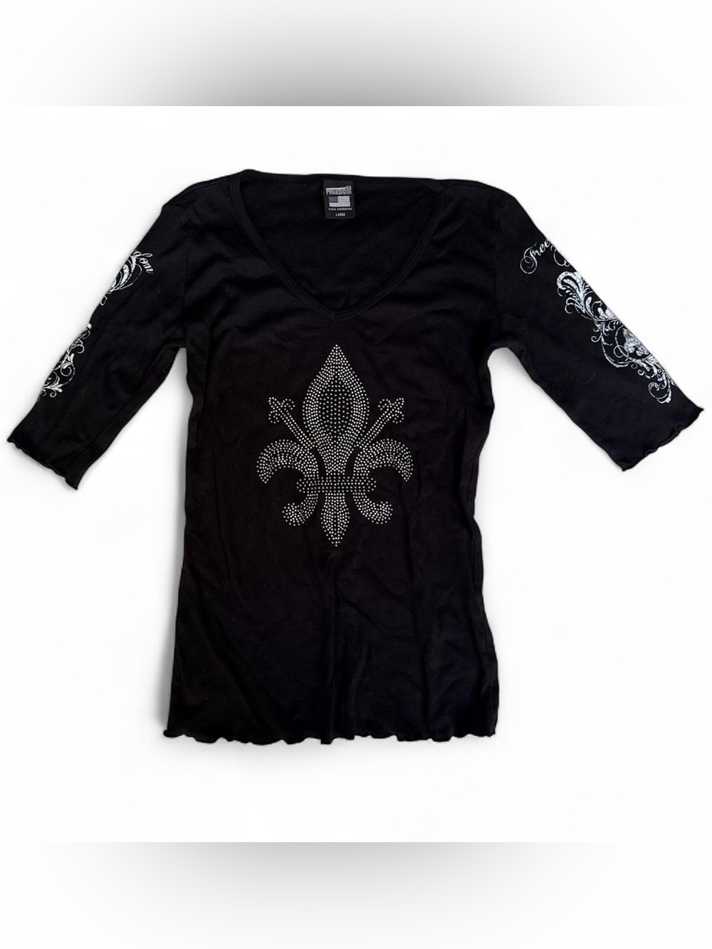 Freedom USA Rhinestone Fleur De Lis Gothic Grunge Lettuce Hem 3/4 Sleeve Top L